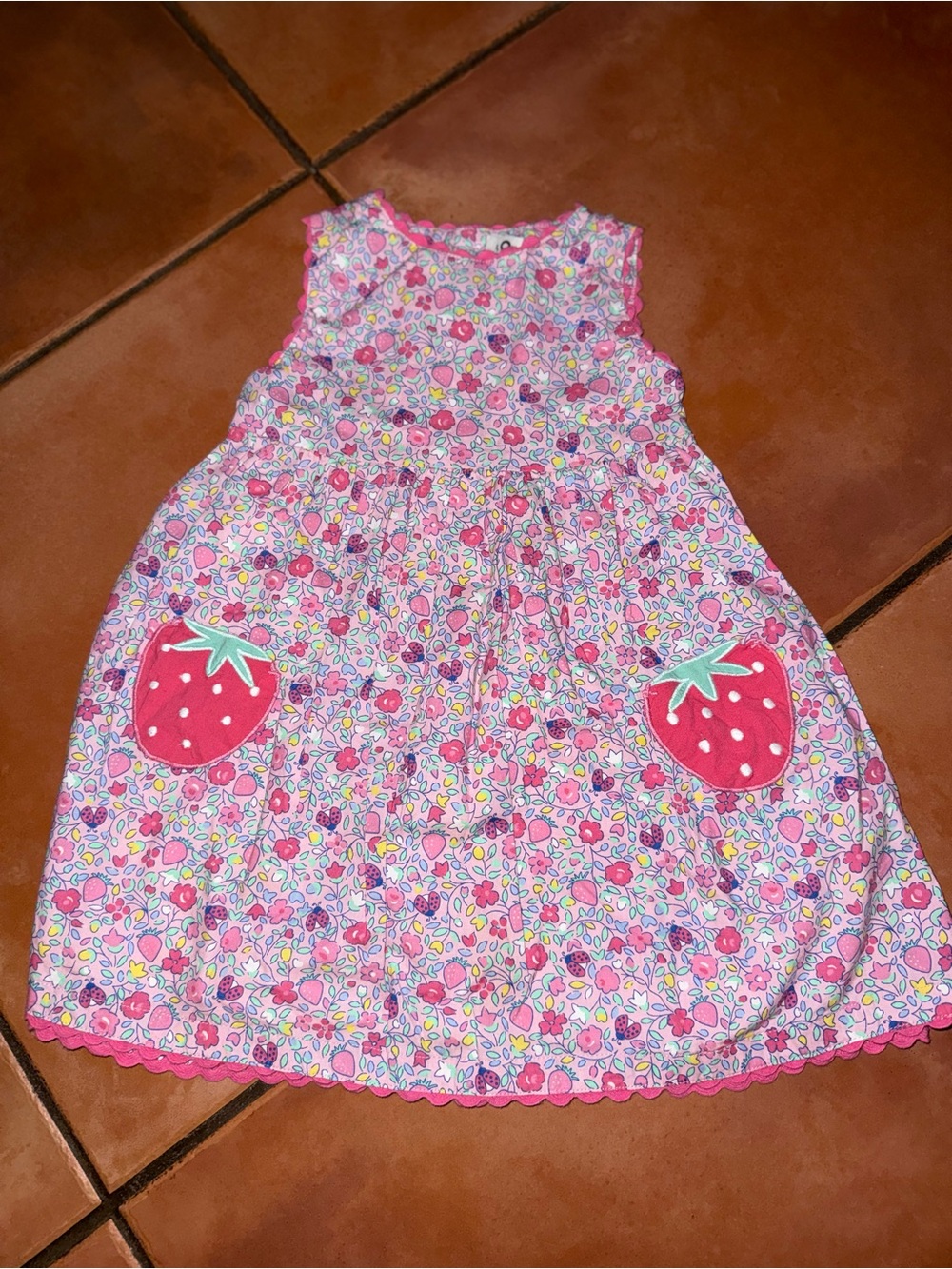 JoJo Maman Bebe Pink Floral Dress with Strawberry Patch Pockets